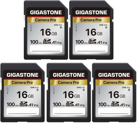 [5-Yrs Free Data Recovery] GIGASTONE 16GB 5-Pack SD Card, Camera Pro, A1 V10 SDHC Memory Card Compatible with SPYPOINT TACTACAM Trail Camera, with 5 Mini Cases