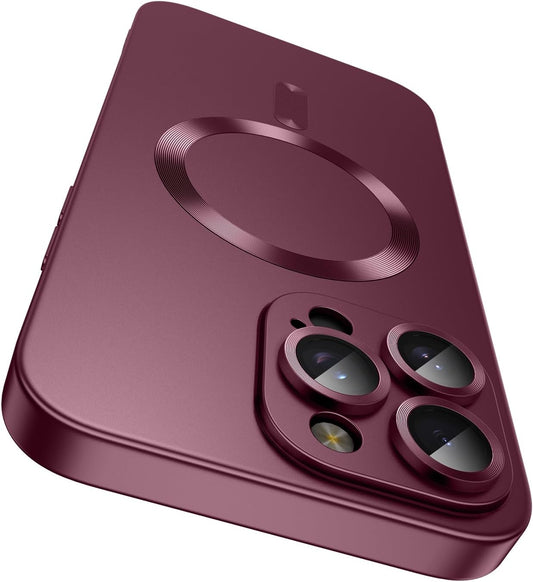 Magnetic for iPhone 15 Pro Case [Compatible with MagSafe][Built-in Camera Lens Protector] Slim Soft Silicone Bumper Shockproof Metallic Shine Phone Case (Burgundy)