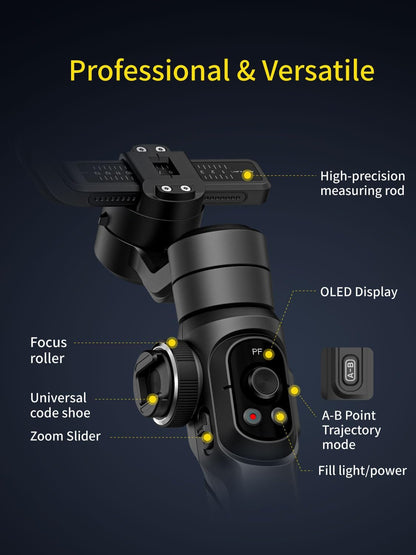 Gimbal Stabilizer for Smartphone, 3-Axis Industry-Standard Gimbal w/360°Rotation, Phone Stabilizer Built-in Extension Rod, Professional Gimbals w/Fill Light for iPhone/Android-Smart S2