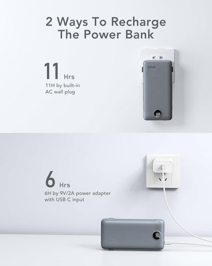 Portable Charger Power Bank 20000mAh,VRURC 22.5W Fast Charging Power Bank With Cables, 20K USB C Portable Charger With Wall Plug, Phone Battery With Cords For iPhone, Samsung, Android Phones, etc-Grey