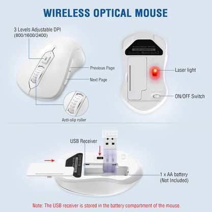 Wireless Keyboard and Mouse Combo, EDJO Full-Sized Ergonomic Computer Keyboard with Wrist Rest and 3 Level DPI Adjustable Wireless Mouse for Windows, Mac OS Desktop/Laptop/PC (White)