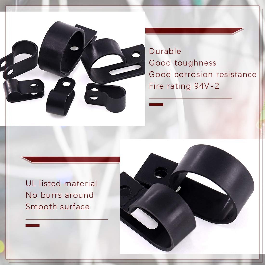 Hilitchi 135 Pcs 6 Sizes Black Plastic Cable Clamp R Type Screw Mounting Cord Fastener Cable Clips Assortment Kit with Screws for Wire Management Cable Conduit (Clips from 6mm to 23mm)