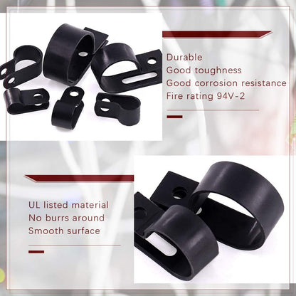 Hilitchi 135 Pcs 6 Sizes Black Plastic Cable Clamp R Type Screw Mounting Cord Fastener Cable Clips Assortment Kit with Screws for Wire Management Cable Conduit (Clips from 6mm to 23mm)