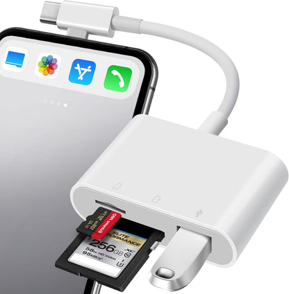 SD Card Reader for iPhone, SD Card Adapter with Lightening & USB C Dual Connectors Plug&Play Supports microSD, SD and USB-A OTG, Portable Trail Camera Memory Reader for iPhone Mac MacBook iPad