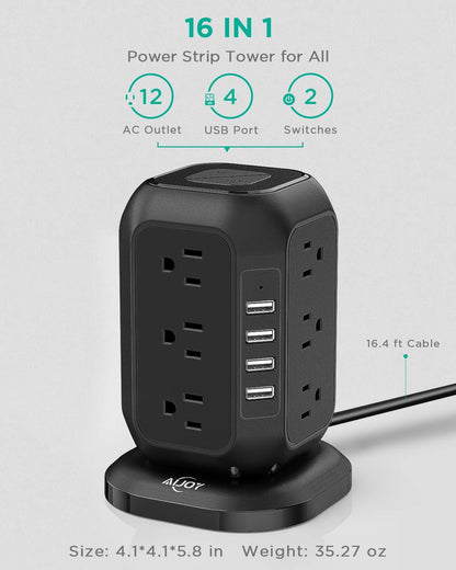 AiJoy Power Strip Tower 16.4 ft Cord, Surge Protector with 12 AC Outlet and 4 USB Ports, Charging Station Extension Cord with Multiple Outlets for Home, Office, Dorm Room Essentials black-15FT