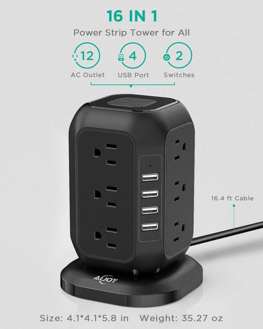 AiJoy Power Strip Tower 16.4 ft Cord, Surge Protector with 12 AC Outlet and 4 USB Ports, Charging Station Extension Cord with Multiple Outlets for Home, Office, Dorm Room Essentials black-15FT