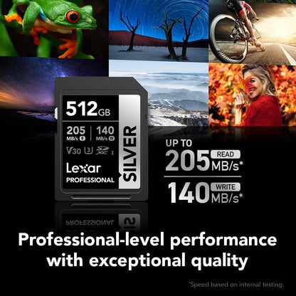 Lexar 512GB Professional Silver SD Card, UHS-I, C10, U3, V30, 4K, Up to 205/140 MB/s SDXC Memory Card, for Professional Photographer, Videographer, Enthusiast (LSDSILV512G-BNNNU)