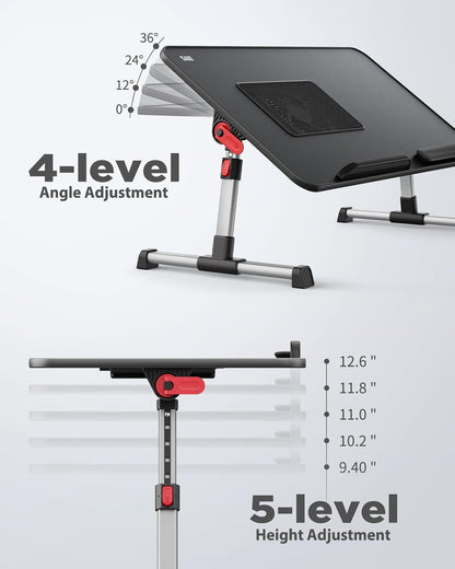 Laptop Desk for Bed with Cooling Fan, SAIJI Height & Angle Adjustable Laptop Stand for Bed, Lap Desk Tray Table, Lightweight Foldable Portable Computer Table for Couch Sofa Chair Floor Desk (Black)