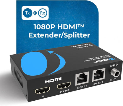 OREI 1X2 HDMI Extender Splitter Over Single CAT6/7 Cable Uncompressed 1080P with EDID - Up to 132 Ft - Loop Out - Low Latency - 1 Input 2 Output 2 Channel Transmission