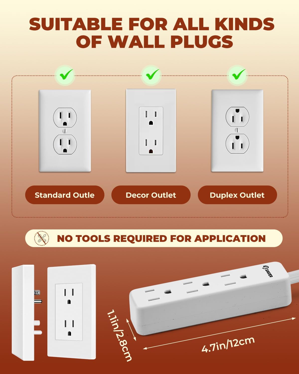 Saker Outlet Concealer Power Strip, 8ft Ultra-Thin Extension Cord with 3 Outlets,1625W, Low-Profile Flat Plug, Wall-Hugging Design for Home, Office, and TV Setup (8ft)