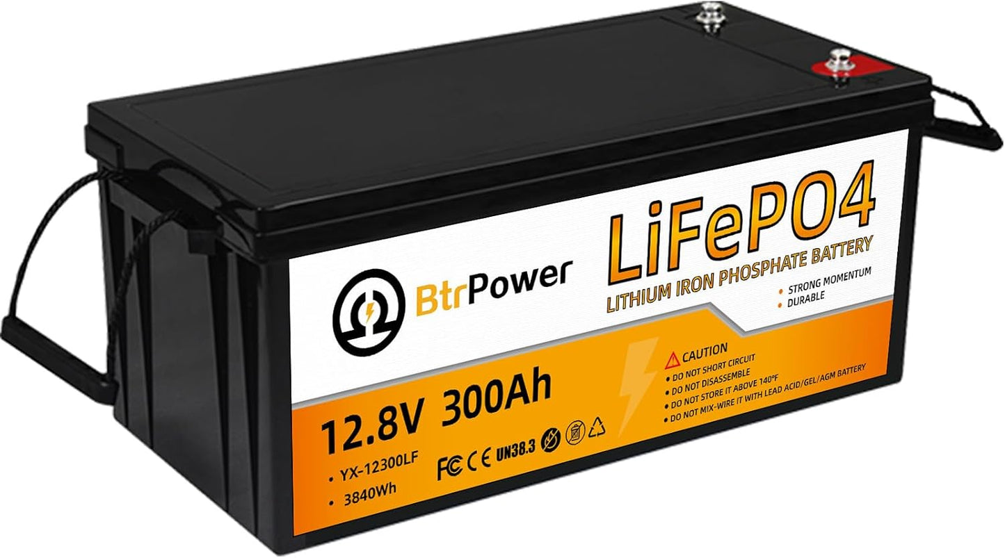12V 300Ah Lithium Battery LiFePO4 Deep Cycle Battery,200A BMS,Up to 15000 Cycles,Perfect for RV, Home Storage,Marine,Solar Power System and Outdoor Camping.