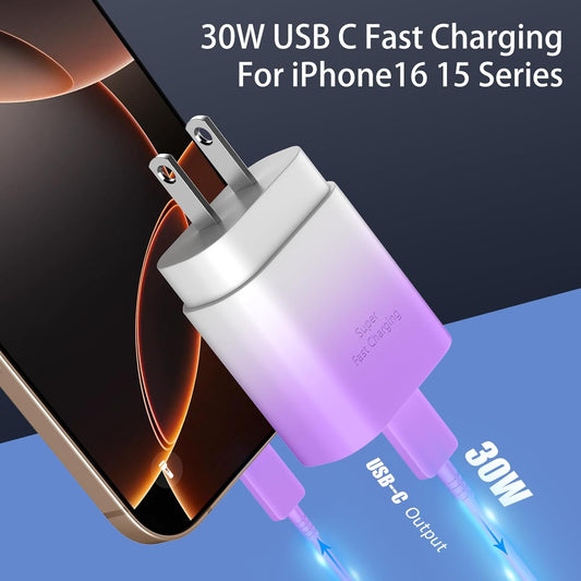 Phone 15 Charger Fast Charging,30W USB C Wall Chargers,Phone 15 Pro Max Charger Block &10FT Long USB C Cable Cord for Phones 15/15 Pro Max/15 Pro/15 Plus/Pro 12.9,S24 Ultra Plus,Purple Gradient