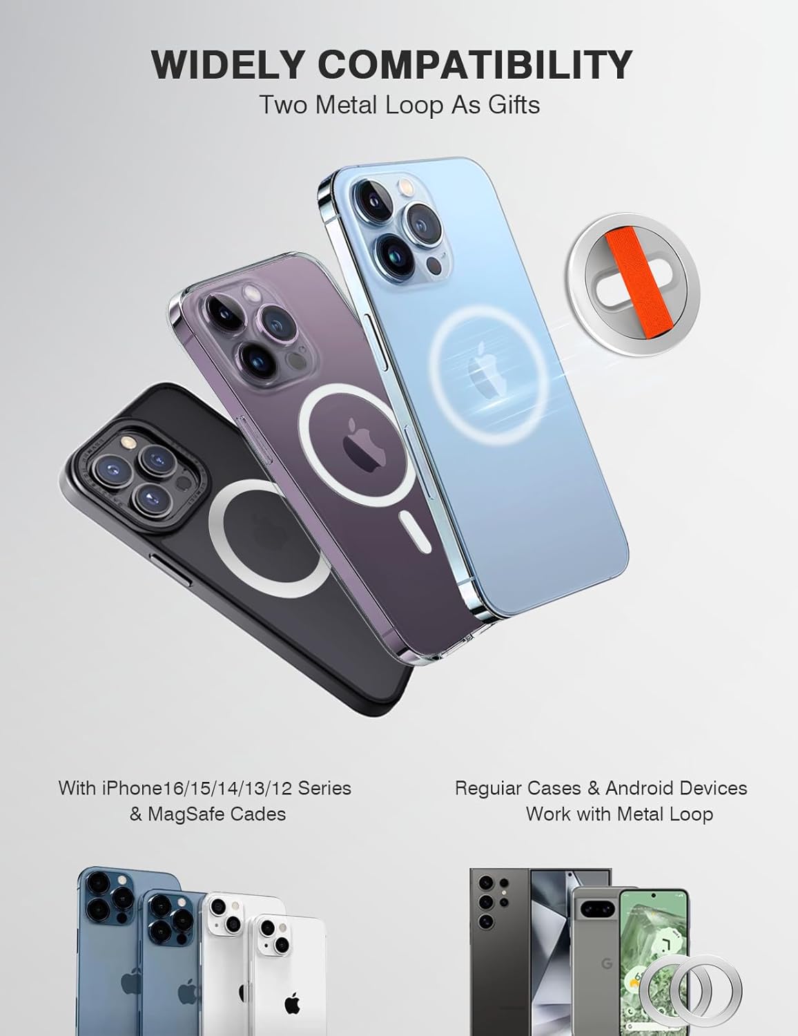 Lite 2 Magnetic Phone Grip, [Elastic Finger Strap] Phone Loop Holder, Compatible with Magsafe Series iPhone 16 15 14 13 12 Pro max, Silver