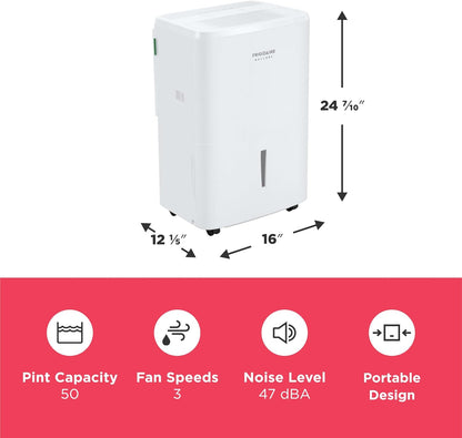 Frigidaire Gallery 2-in-1 50-Pint Portable Dehumidifier with Wi-Fi, Energy Star Certification & Air Quality Monitoring for Medium/Large Rooms & Basements, Custom Humidity Control, Auto Shut Off, White