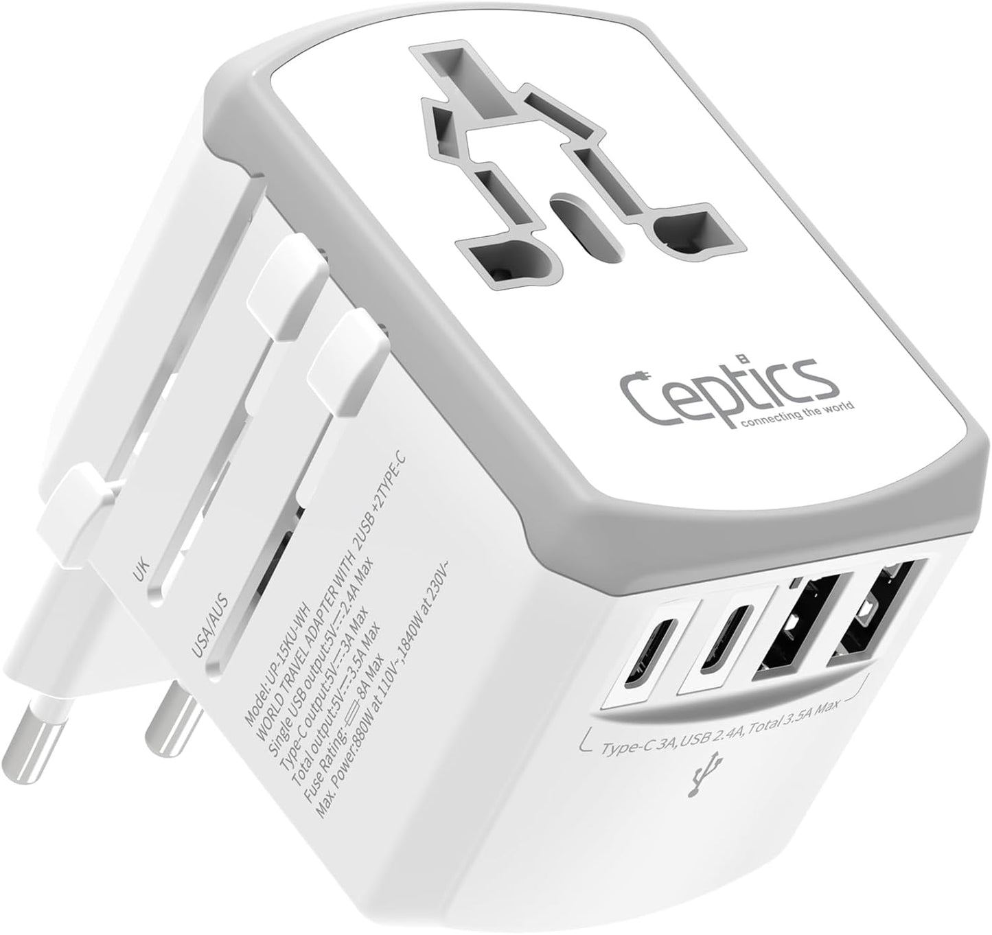 Ceptics Universal Travel Adapter 17.5W, 5 in 1 Universal Laptop Charger with 2X USB-A & USB-C 3.5A for Mobiles, Laptops, Cameras US, UK, EU, AU, All in 1 Type A, C, G, I Output, White