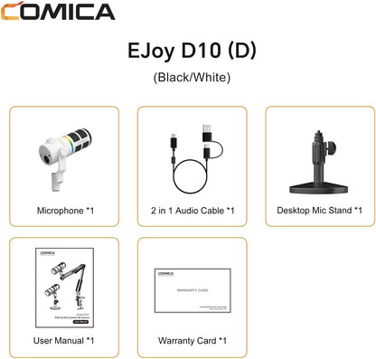 COMICA EJoy D10 D USB/XLR Dynamic Microphone with RGB Light &CalMix Denoise &Mute Button- Studio-Quality Cardioid Mic with Desktop Stand for Gaming, Streaming, Podcast,YouTube(PC/PS5/Xbox/Mac (White)