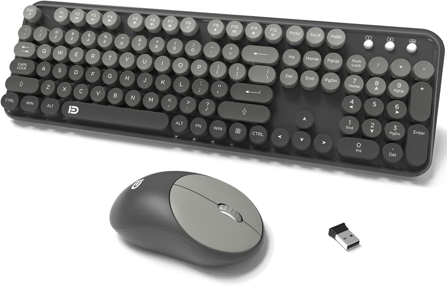 Wireless Keyboard and Mouse Combo, 104 Round Keys Cute Colorful Cordless Keyboard and Mouse with Retro Typewriter Black
