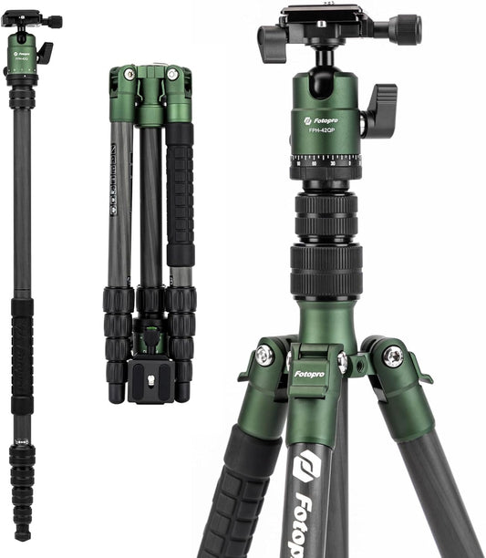 Fotopro 59" Carbon Fiber Travel Tripod, Compact Camera Tripod with Metal Ball Head, Detachable Monopod with Quick Release Plate and Bag, Load up to 8KG/17.63lbs