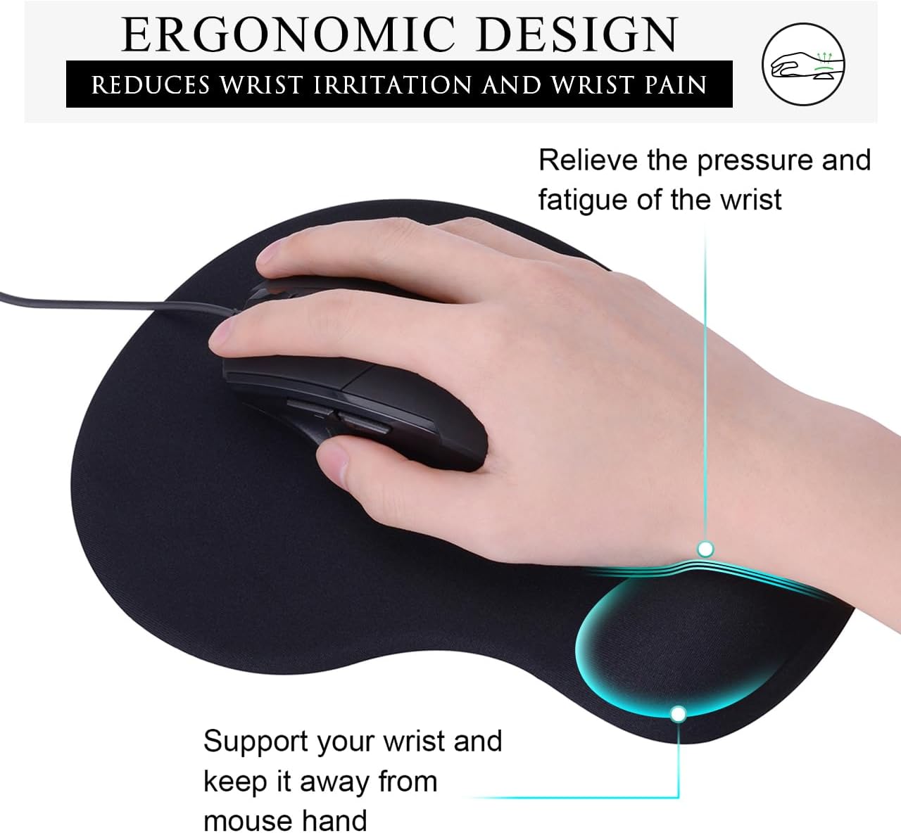 JIKIOU Mouse Pad, 2 Pack Ergonomic Mouse Pads with Comfortable Gel Wrist Rest Support and Smooth Cloth, Non-Slip PU Base for Easy Typing Pain Relief Durable and Easy to Clean Small Black