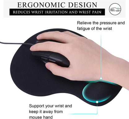 JIKIOU Mouse Pad, 2 Pack Ergonomic Mouse Pads with Comfortable Gel Wrist Rest Support and Smooth Cloth, Non-Slip PU Base for Easy Typing Pain Relief Durable and Easy to Clean Small Black