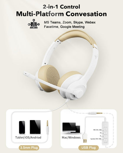 USB Headset with Microphone for PC, On-Ear Computer Laptop Headphones with Noise Cancelling Mic in-line Control for Home Office Online Class Zoom (USB+3.5mm, White)