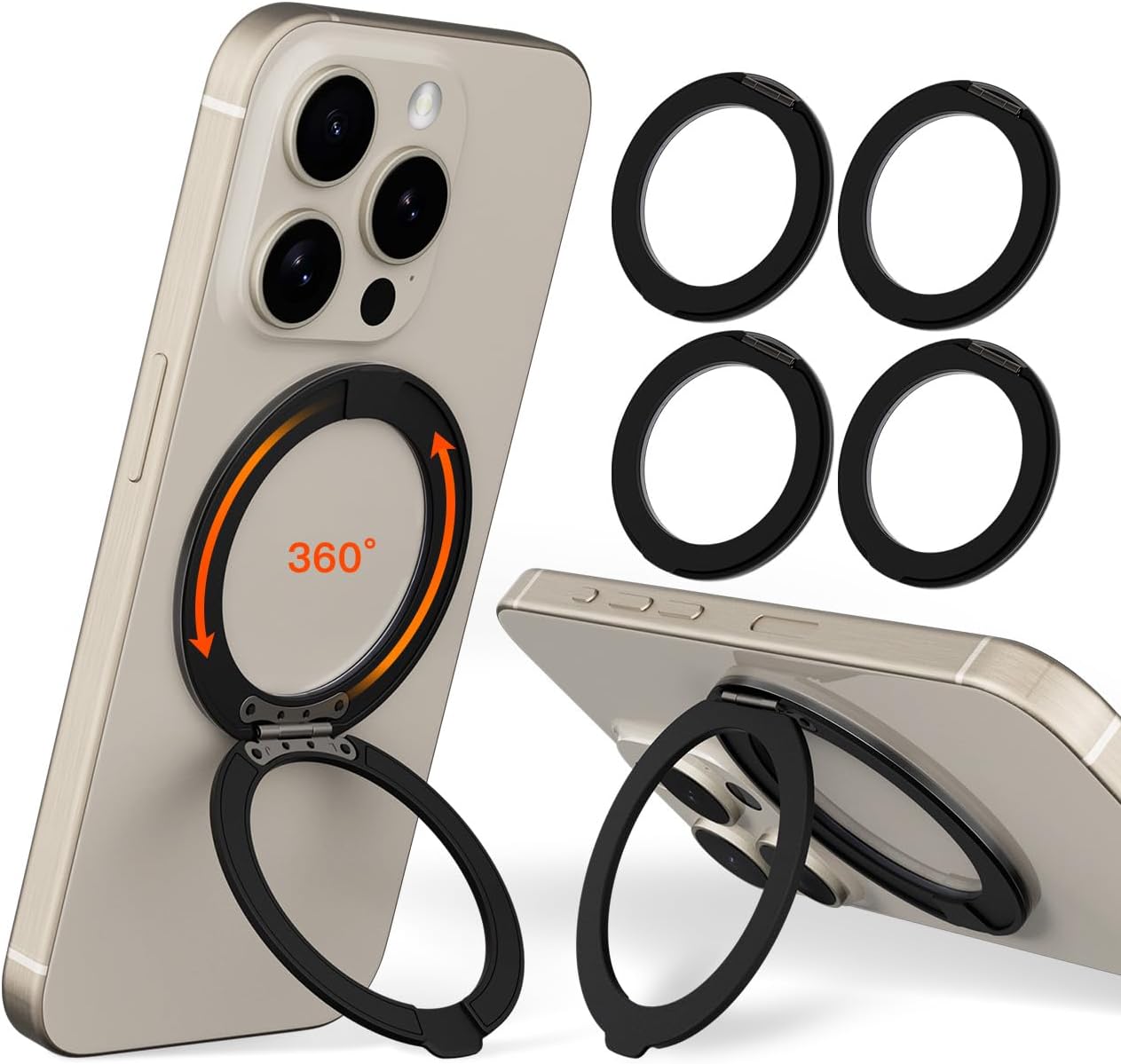 COOLQO 4Pcs 360 Spin Cell Grip Ring Phone Stand [Upgrade Gear Hinge Stress Anxiety Relief] Magnetic Holders for Your car Accessories Desk Mount Compatible with iPhone All Smartphones, Black