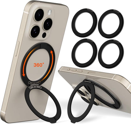 COOLQO 4Pcs 360 Spin Cell Grip Ring Phone Stand [Upgrade Gear Hinge Stress Anxiety Relief] Magnetic Holders for Your car Accessories Desk Mount Compatible with iPhone All Smartphones, Black