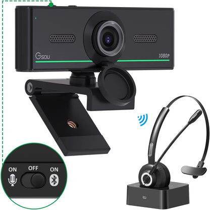 Webcam with Headset and Microphone, 1080P Webcam with Privacy Cover, Plug and Play Web Camera for Desktop Computer Zoom Meetings, Audio Bluetooth only for Headset