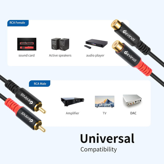 Devinal RCA Extension Cable - RCA Male to Female Nylon-Braided Durable, Flexible, and Enhanced Audio/Video Connectivity for Home Theater, Gaming, and Audio Systems 3 Feet 2-Pack