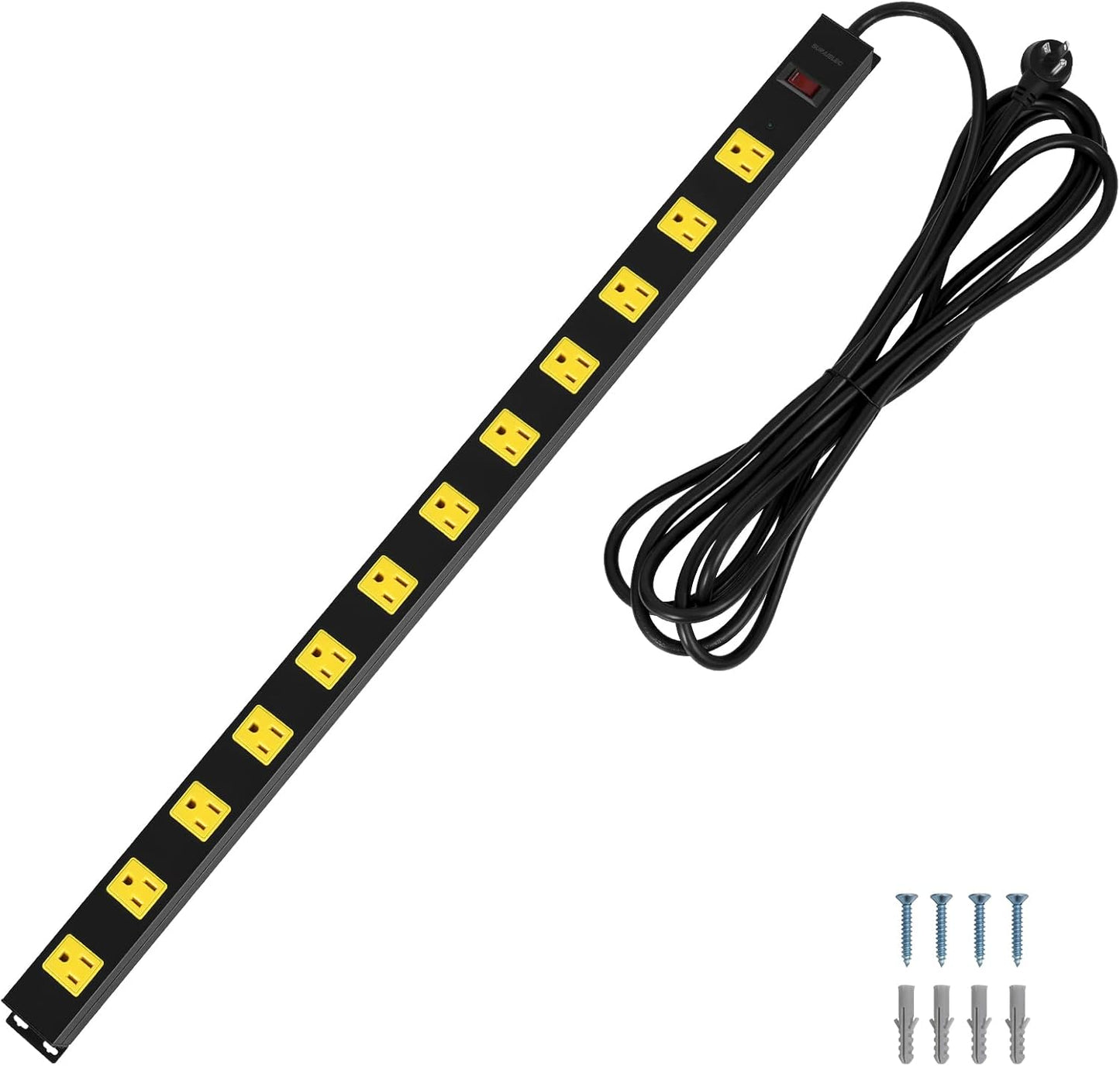 SURAIELEC 12 Outlet Long Metal Power Strip, 15 FT Cord Surge Protector, Angled Flat Plug, Wide Spaced Outlet Power Bar, 15A Breaker, Wall Mountable, Industrial Heavy Duty for Work Bench, Shop, Garage