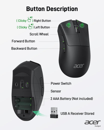acer Wireless Mouse, 1200 DPI Computer Mouse for Laptop with 2.4GHz USB A Receiver, 5 Buttons Compatible for Windows, macOS, Android (Black)