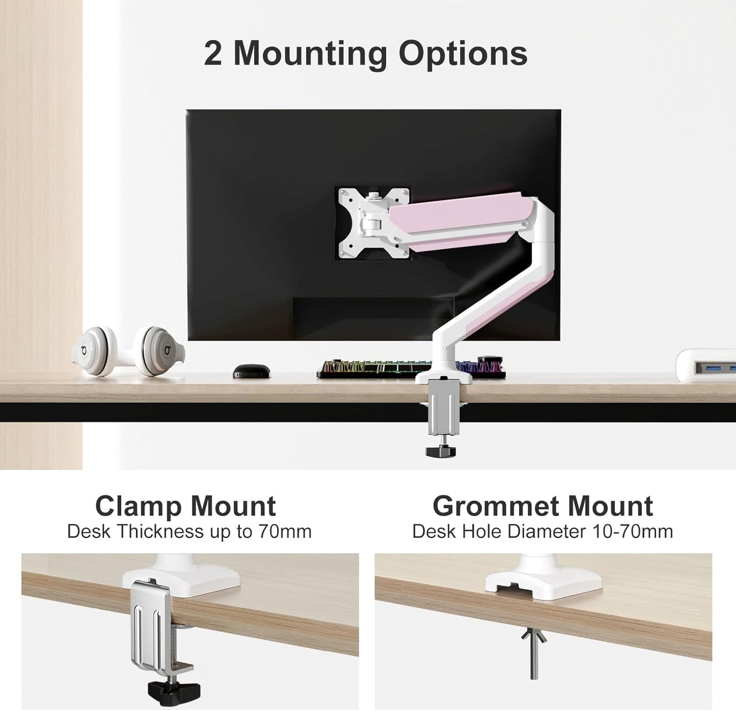 PHOLITEN Single Monitor Arm Fits 13-32 inch,4.4-19.8lbs Screen, Fully Adjustable Gas Spring Arm, Computer Monitor Stand with VESA 75 * 75mm/100 * 100mm Mount,White & Pink
