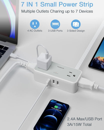 Ultra Thin 5FT Flat Extension Cord, TESSAN Surge Protector Flat Plug Power Strip, 4 Wide Spaced AC Outlets 3 USB A, 900 Joules Protection, Suitable for Home Office Dorm