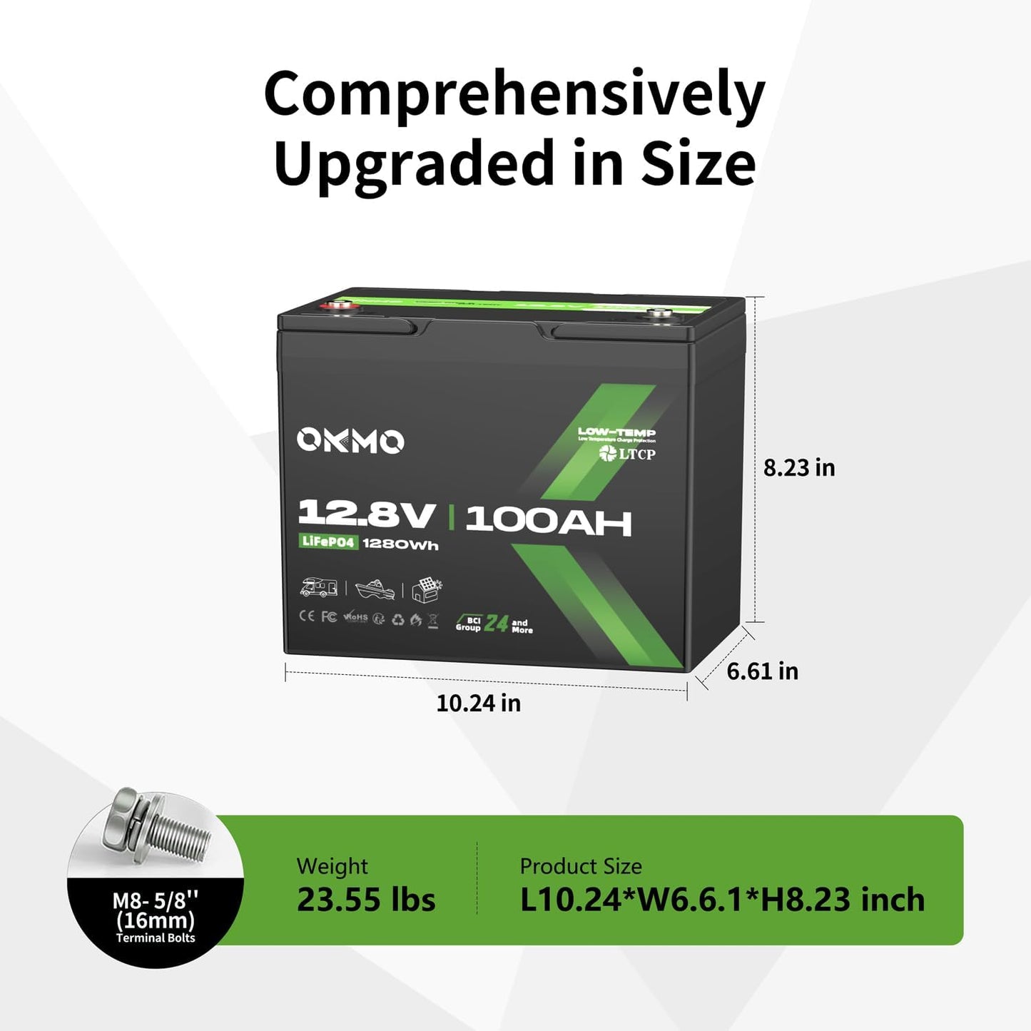 12V 100Ah LiFePO4 Battery, BCI Group 24, Built-in 100A BMS, 1280Wh Rechargeable Deep Cycle Lithium Battery, 15000+ Cycles, Low Temp Protection, for RV, Marine, Solar, Trolling Motor, Home, Off-Grid