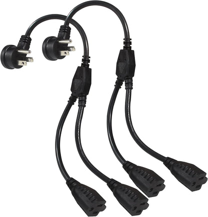 Power Extension Cord Y Splitter - 1FT Right Angled Type Flat Plug NEMA 5-15P 1 to 2 Way Outlet NEMA 5-15R SJT 16AWG 3 Prong Low Profile Black AC Power Cable Wire Extender for Home Office (2-Pack)