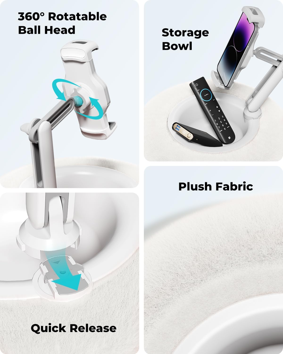 Viozon Tablet Stand Pillow, Compatible with 4.7"-13" Phone/Tablet, iPad, iPhone, Samsung, Google, Kindle, 360°Adjustable Phone Holder for Bed with Soft Plush Fabric, and Detachable Bowl, White