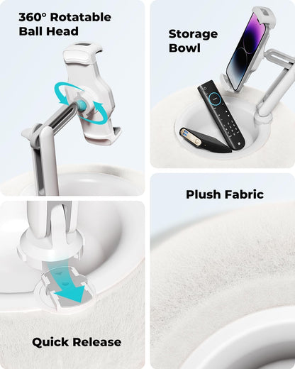 Viozon Tablet Stand Pillow, Compatible with 4.7"-13" Phone/Tablet, iPad, iPhone, Samsung, Google, Kindle, 360°Adjustable Phone Holder for Bed with Soft Plush Fabric, and Detachable Bowl, White