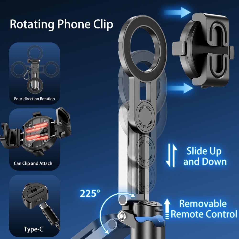 4-in-1 Multi-Functional 360° Rotating Mini Magnetic Portable Selfie Stick, Pocket-Sized Retractable Phone Holder, Equipped with Wireless Detachable Remote Control