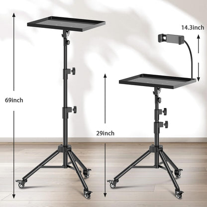 Projector Stand with Wheels, Laptop Tripod from 29" to 69" with Mouse Tray, Adjustable Height DJ Racks Stands with Gooseneck Phone Holder, for Office, Home, Stage, Studio, 1 Pack Black