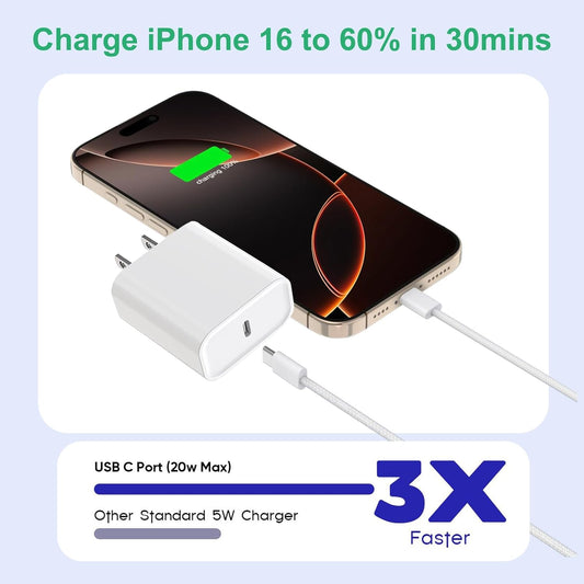 iPhone 16 15 Charger Fast Charging,3Pack 20W Fast Charging USB C Charger with 10Foot Long Type C to C Cable Cord TypeC Block Brick for iPhone 16e/16/16 Pro/16 Plus/16 Pro Max/15 Pro,iPad Air/Pro/Mini