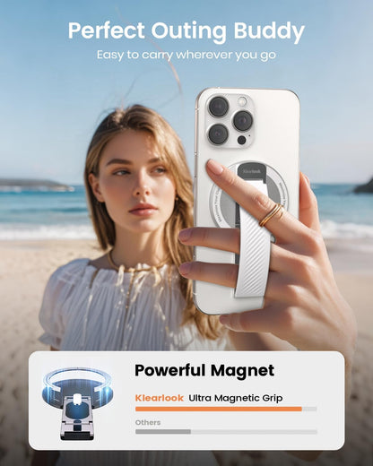 2025 Klearlook for MagSafe Phone Grip with Silicone Finger Strap, Removable Magnetic Phone Ring Holder with Adjustable Kickstand, Finger Phone Ring Grip for iPhone 16/15/14/13/12 Series, White