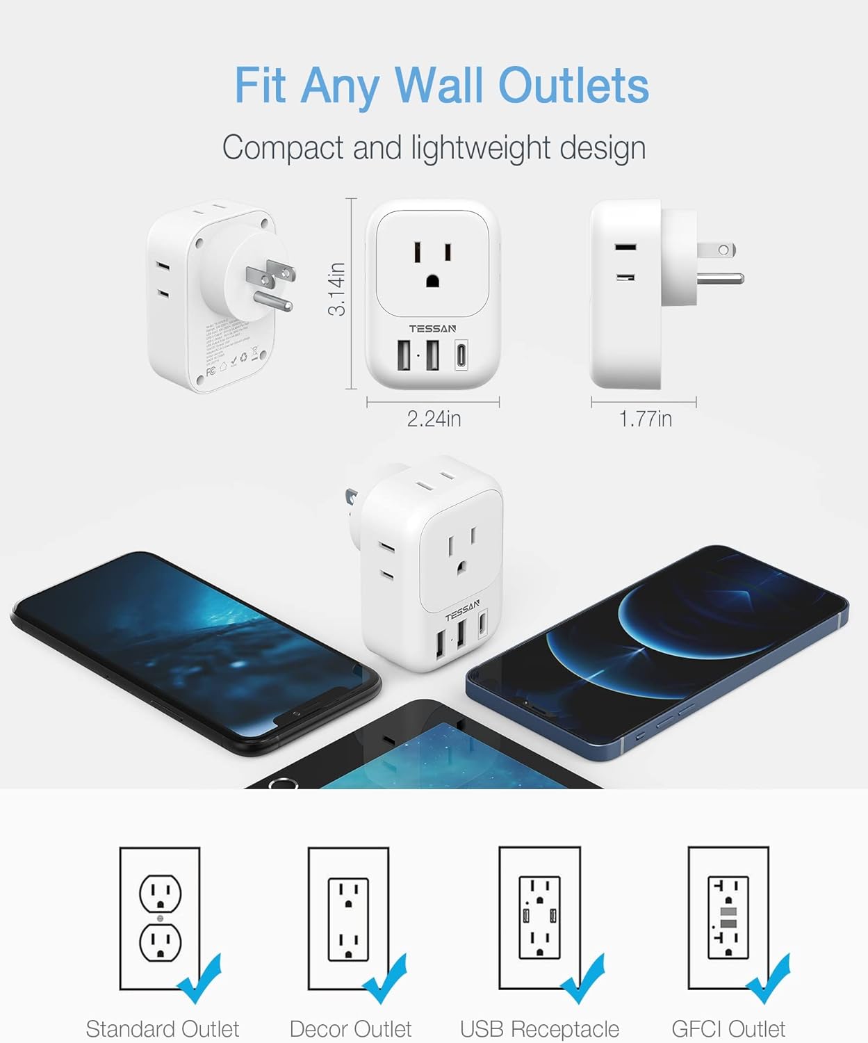 USB Wall Charger, TESSAN Wall Plug Adapter Outlet Extender, 3 Charger Block (1 USB C Port), Multi Charging Station for Cruise, Bathroom, Office, Dorm Essentials, White