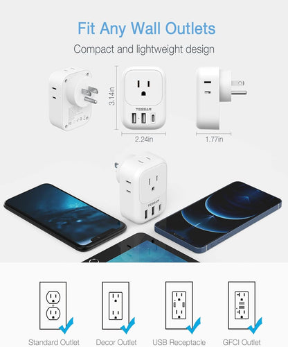 USB Wall Charger, TESSAN Wall Plug Adapter Outlet Extender, 3 Charger Block (1 USB C Port), Multi Charging Station for Cruise, Bathroom, Office, Dorm Essentials, White