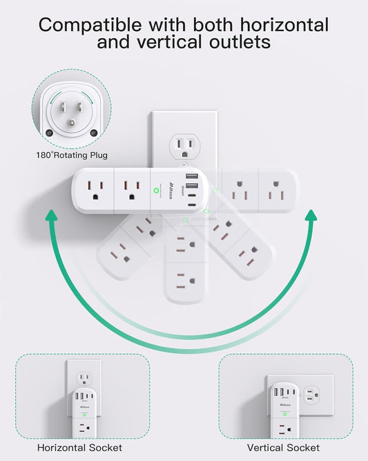 Surge Protector Outlet Extender with Rotating Plug, 6 AC Multi Plug Wall Outlets and 4 USB Ports, 1800 Joules, Swivel Power Strip Electrical Splitter for Home Decor Apartment Dorm Room Essentials
