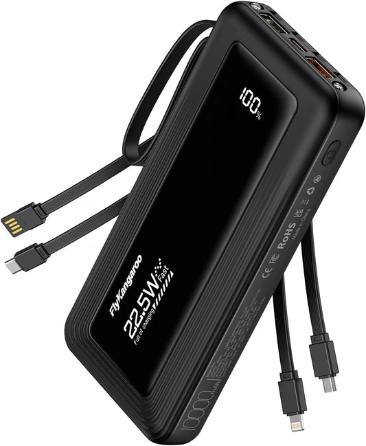 Portable Charger with Built in Cables, Slim 10000mAh Fast Charging 22.5W Power Bank USB C LED Display Battery Pack 6 Outputs & 2 Inputs for iPhone Samsung Pixel LG Moto iPad