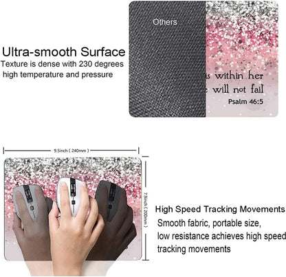 Mouse Pad, Bible Verse Pink Sparkles Glitter Mouse pad, Square Waterproof Mouse Pad Non-Slip Rubber Base MousePads for Office Laptop, (Psalm 46:5 God is Within Her,She Will not Fall)