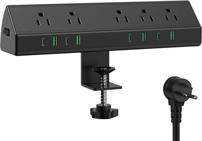 45W Fast Charging Station,Desk Clamp Power Strip,4 PD USB-C Ports,5 AC Outlets,Surge Protector Power Strip, 14AWG Heavy Duty Cord, Fits 1.9" Tabletop Edge (Black, 15 FT Cable)