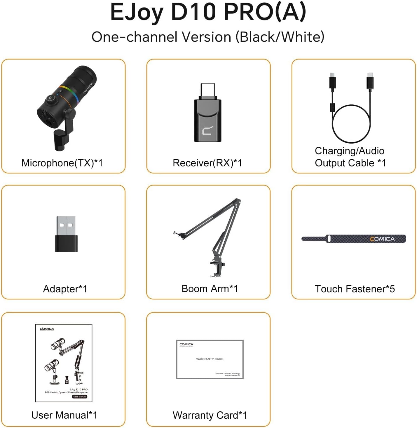COMICA D10 Pro A Wireless/XLR/USB Dynamic Microphone with Receiver Boom Arm Stand- Dual Channel Cardioid Mic, 45H Battery, RGB Lights, CalMix Denoise for Gaming/Streaming/PD(PC, PS4/5, Mac,Phone)Black