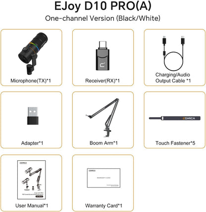 COMICA D10 Pro A Wireless/XLR/USB Dynamic Microphone with Receiver Boom Arm Stand- Dual Channel Cardioid Mic, 45H Battery, RGB Lights, CalMix Denoise for Gaming/Streaming/PD(PC, PS4/5, Mac,Phone)Black