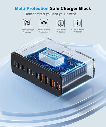 USB C Fast Charger Station with 4 USB Cables, 200W GaN 10 Port Type C Charging Station Hub Block Cube, Wall Charger Power Strip Adapter Plug for iPad iPhone 16 15 14 13 12 Pro Max Pixel Note Galaxy